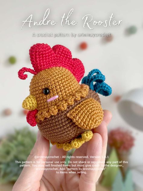 This pattern provides instructions for making a crocheted rooster named Andre. Materials needed include sport weight yarn in various colors and a 2mm crochet hook. The body, beak, comb, comb curl, wattles, and wings are made separately and then sewn together. Safety eyes are placed on the front of the body between rounds. The body is stuffed with fiberfill as it is assembled. Once complete, Andre the Rooster measures approximately 9.5cm tall by 7cm wide. Rooster Amigurumi, Crochet Chicken Pattern, Amigurumi Chicken, Single Crochet Decrease, Crochet Unique, Chicken Pattern, Crochet Chicken, Crochet Decrease, The Rooster