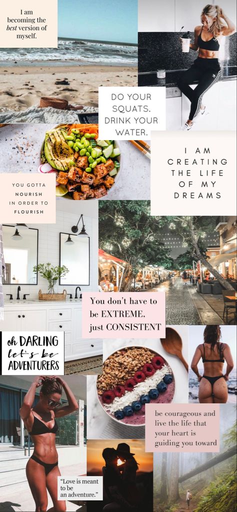 Mood board for living a healthier lifestyle Health Mood Board Aesthetic, Fitness Board Ideas, Health And Wellness Mood Board, Fitness Mood Board Inspiration, Healthy Mood Board, Healthy Living Mood Board, Healthy Body And Mind Vision Board, Fitspiration Board Ideas, Healthy Mood Board Wallpaper