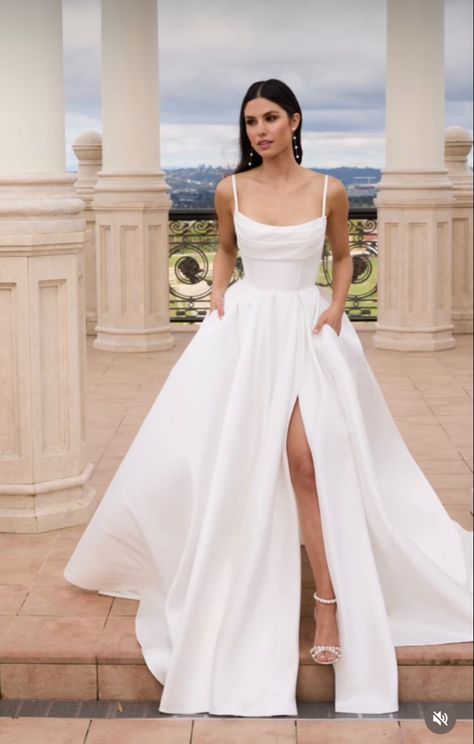 Strapless Wedding Dress With Mesh Sleeves, Plain White Princess Wedding Dress, Satin A Line Ball Gown Wedding Dress, Silky A Line Wedding Dress, Satin A Line Corset Wedding Dress, Wedding Dress Chic Classy, Simple White Ball Gown, Plain White Elegant Wedding Dress, Aline Plain Wedding Dress