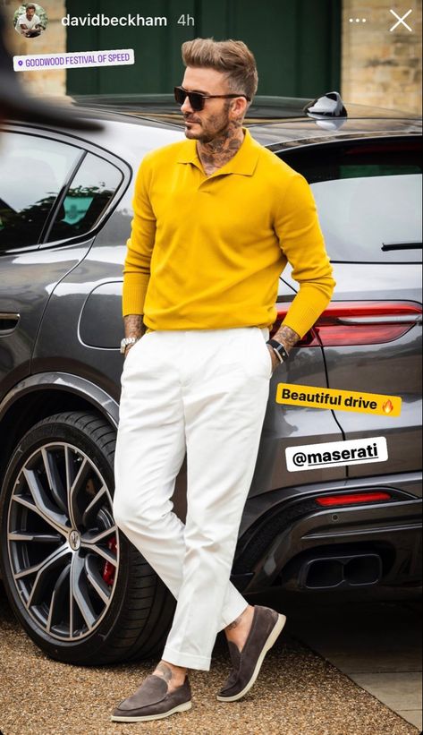 David Beckham 2023, David Beckham Shoes, Gentleman Style Summer, David Beckham Casual, Beckham Style Outfits, David Beckham Style Outfits, Yellow Shirt Outfit, Mens Pants Fashion Casual, David Beckham Style