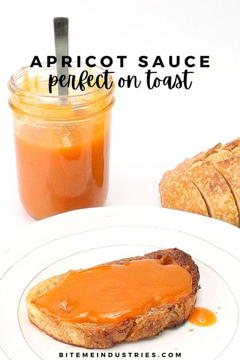 Slice of toast with apricot sauce on a plate with the mason jar of fruit sauceTw What To Do With Apricots, Recipes With Apricots, Apricot Recipes Dinner, Apricot Filling Recipe, Homestead Meals, Apricot Preserves Recipe, Apricot Sauce Recipe, Apricot Filling, Apricot Sauce