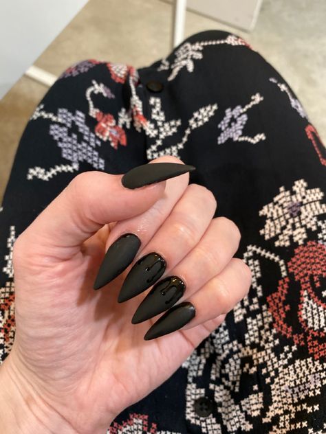 Black, matte black, stiletto nails, witchy, Black Matte Nails With Design Almond, Black Drip Nails, Black Stiletto Nails, Matte Black Nails, Drip Nails, Shiny Nails, Matte Nails, Stiletto Nails, Black Nails