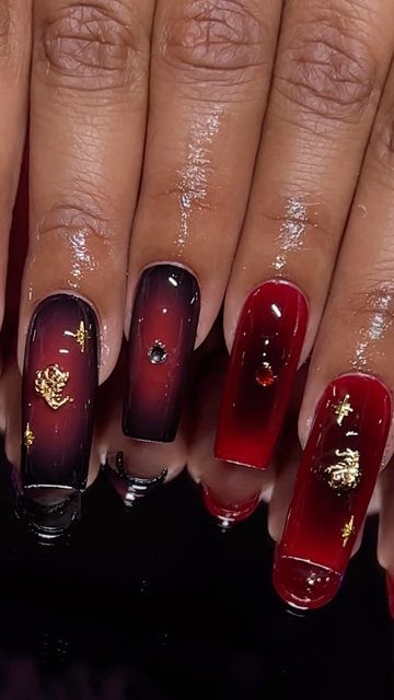 Nails For Scorpio Season, Aura Nails Halloween, Red Aura Nails Acrylic, Airbrush Halloween Nails, Cherry Red Square Nails, Red And Gold Nails Square, Halloween Nails Y2k, Fall Y2k Nails, Maneater Nails