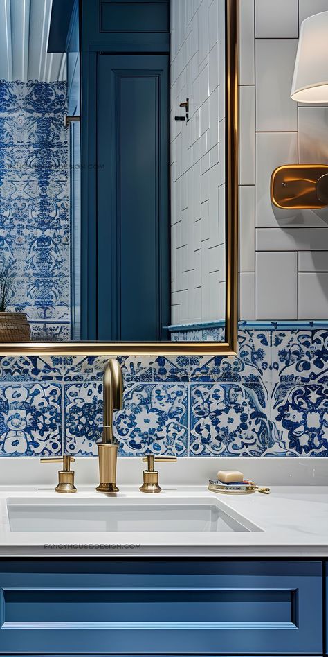 Blue and Gold Bathroom with Vintage Style Tiles Tile Behind Bathroom Mirror, Small Blue Bathroom Ideas, Small Blue Bathroom, Blue Bathroom Remodel, Blue And Gold Bathroom, Patterned Backsplash, Blue Bathroom Ideas, Gold Tiles, Updated Bathroom