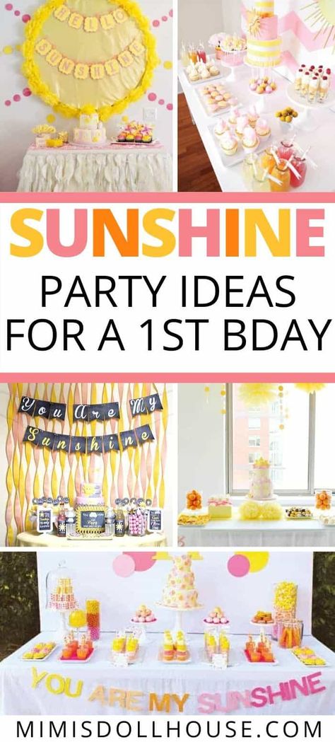 You are My Sunshine Party + Decorations Ideas    Want to plan a Sunshine Party? Sunshine and bright colors make for the perfect springtime birthday party. These party ideas for a You are my sunshine birthday party make celebrating your little one easy and adorable.  Are you ready to be inspired with some of the cutest parties EVER? #sunshineparty #youaremysunshine #firstbirthday #secondbirthday #spring #summer Sunshine Party Decorations, Sunshine Birthday Party Ideas, Sunshine Party Ideas, Sunshine Birthday Theme, Sunshine Birthday Party, Sunshine First Birthday, Sunshine Birthday Parties, Spring Birthday Party, Sunshine Party