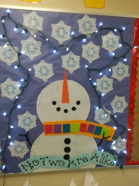 Winter Bulletin Board - student names on snowflakes Snowman Bulletin Board, Winter Bulletin Board, Holiday Bulletin Boards, Christmas Bulletin Boards, January Bulletin Boards, Winter Bulletin, Birthday Bulletin Boards, Birthday Bulletin, Winter Bulletin Boards