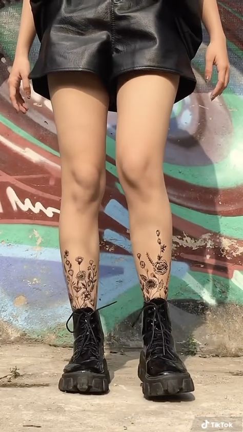 Shin Tattoo Flower, Minimalist Shin Tattoo, Feminine Shin Tattoos, Fiminest Tattoo, Plant Tattoos On Leg, Flower Pot Ankle Tattoo, Flower Tattoo On Lower Leg, Flowers Around Leg Tattoo, Botanical Shin Tattoo