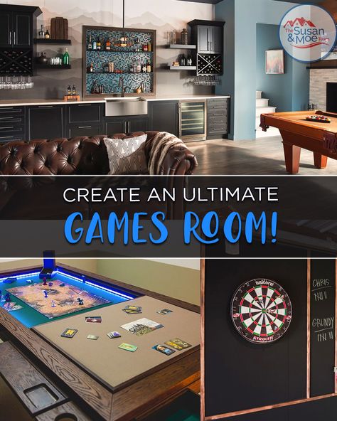 Given that we are spending so much time at home lately, The Susan & Moe Team wants to help you make your home the ultimate hang-out spot! Previously, we created a list of fun outdoor games for you to play. Since then, we have compiled a list of great game room ideas so you can create the ultimate games room indoors! Happy gaming! 🎲 🧩 🎮 🎯 Game Night Room Ideas, Playroom And Game Room Ideas, Finished Basement Game Room Ideas, Dining Room Into Game Room, Game Room Layout Ideas, Teen Rec Room Ideas, Bar And Game Room Ideas, Game Room Furniture Ideas, Teenager Game Room