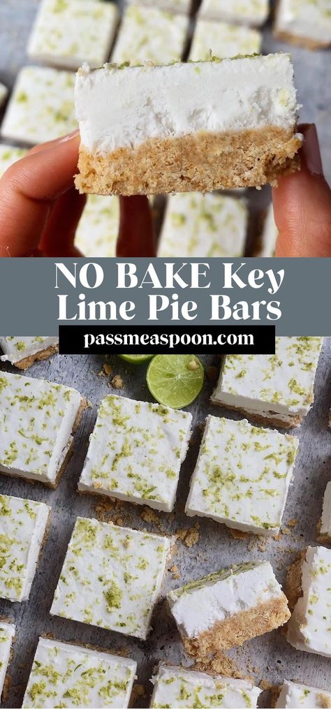 No bake key lime pie bars are made with coconut cream paired with a graham cracker crust to create a decadent treat in an easier and healthier way.  Gluten free and vegan options available. Vegan Key Lime Bars, Key Like Pie, Dairy Free Key Lime Pie, Gluten Free Key Lime Pie, Gluten Free Graham Cracker Crust, No Bake Key Lime Pie, Healthy Key Lime, Healthy Key Lime Pie, No Bake Healthy