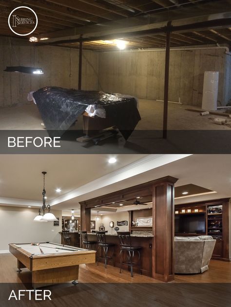 Bolingbrook Before & After Basement Finish Project - Sebring Services Dream Basement, Basement Bar Designs, Basement Inspiration, Man Cave Basement, Basement Plans, Diy Basement, Man Cave Home Bar, Small Basements, Basement Makeover