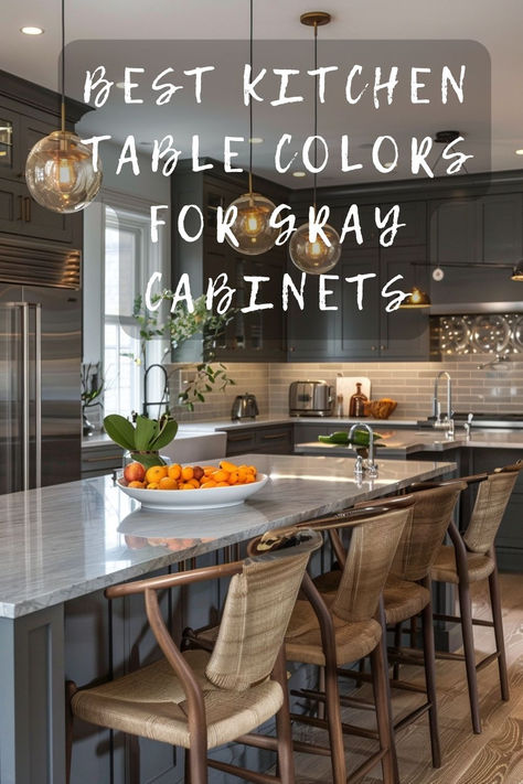 Need help deciding on a kitchen table color with your gray cabinets? Check out my top color recommendations to enhance your kitchen's charm. Click for stylish choices! 🍴🎨🏡 #KitchenStyle #GrayCabinets #TableColors #KitchenDesign #HomeDecorTips Kitchen Table Colors, Top Kitchen Cabinets, Light Gray Cabinets, Dark Grey Kitchen, Kitchen Makeovers, Gold Dining, Gray Cabinets, Kitchen Colour Schemes, Table Color