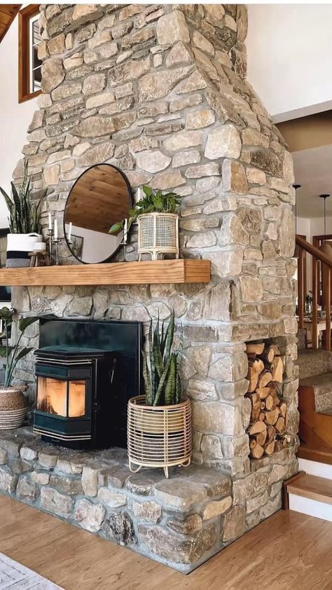 Rustic House Living Room, Wood Stove Surround, Rustic Farmhouse Fireplace, Wood Burning Stoves Living Room, Wood Mantle Fireplace, River Rock Fireplaces, Farmhouse Shop, Cabin Fireplace, Mugs Designs