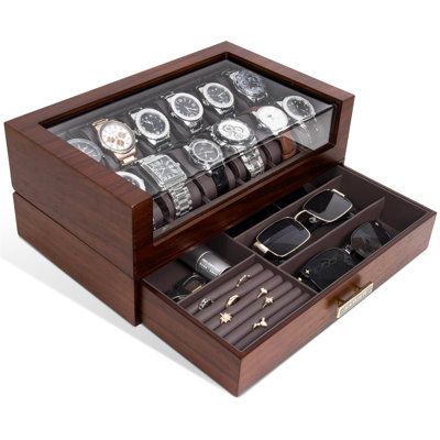 High-quality material: solid wood with black leather wrapped inside to prevent your watch from being scratched. Equipped with 12 removable black leather watch pillows, it is suitable for all sizes of watches on the market. The clear acrylic cover not only keeps out dust, but also makes your precious watch visible across the room! | Latitude Run® 12 Slot Men's Watch Box, Storage Box Display Stand, Brown 5.82 x 13.5 x 8.3 in, Wood | C110475045 | Wayfair Canada Aesthetic Bedrooms, Mens Jewelry Box, Mens Watch Box, Leather Watch Box, Watch Storage Box, Black Leather Watch, Box Display, Watch Display, Box Storage