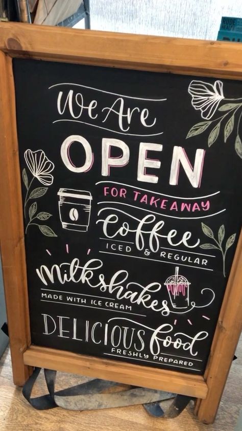 Coffee Shop Menu Chalkboard, Fonts For Chalkboard Signs, Cafe Board Ideas Chalkboard Walls, Menu Board Ideas Cafe, Coffee Shop Sandwich Board, Coffee Shop Board Ideas, Chalkboard Specials Menu Boards, Now Open Chalkboard Sign, Decorating Chalkboard Ideas