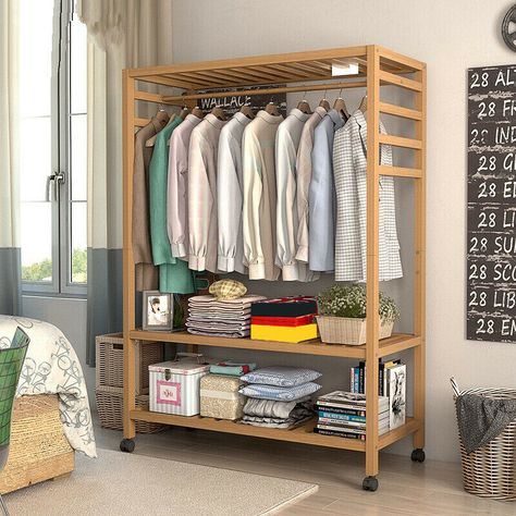 Heavy Duty Wooden Clothes Rail Rack Scarf Cap Garment Hanging Stand Side Hooks Corner Open Wardrobe Ideas De Closets, Wooden Clothes Rack, Bamboo Clothes, Storage Clothes, Free Standing Shelves, Rack Clothes, Open Wardrobe, Shoe Storage Shelf, Wood Clothes