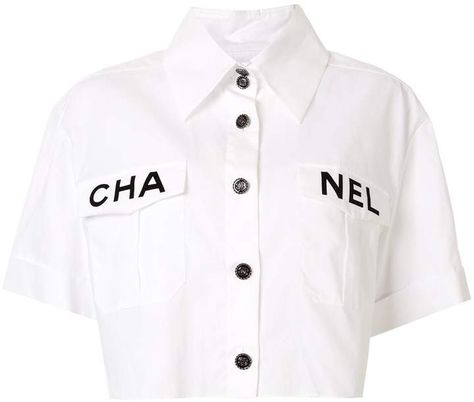 Chanel Pre-Owned cropped logo shirt Chanel 2019, Button Collar Shirt, Chanel Runway, Chanel White, Chanel Shirt, Mode Chanel, Chanel Logo, Brand Shirts, Logo Shirt