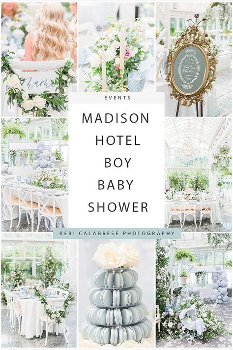 Luxury Baby Shower Ideas Boy, French Garden Baby Shower Theme, Baby Shower Gift Opening Area, French Blue Baby Shower Ideas, French Baby Shower Ideas, Elegant Baby Boy Shower Ideas, Garden Baby Shower Theme Boy, French Themed Baby Shower Ideas, Bonjour Bebe Shower Theme