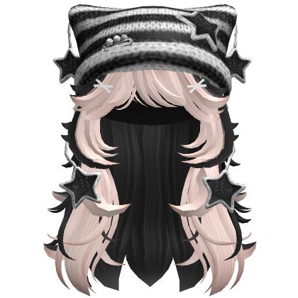 Two Tone Wolfcut Hair Blonde w/ Beanie Black White Two Toned Hair Roblox Code, Roblox Two Tone Hair Codes, White Roblox Hair Combos, Roblox Codes For Hair White, Hair Roblox Girl, Hair Roblox, Rambut Roblox Girl, Black Hair White Skin, Blonde Hair Roblox