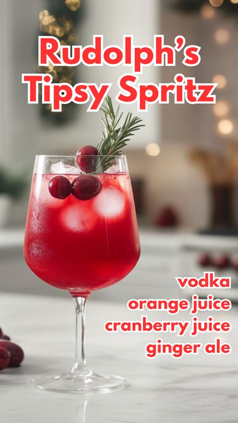 Rudolph\'s Tipsy Spritz Alcoholic Drink Christmas, Rudolph Tipsy Spritzer Recipe, Rudolph’s Night In Cocktail, Ginger Alcoholic Drink, Drunk Reindeer Cocktail, Rudolph's Tipsy Punch, Rudolph’s Tipsy Punch, Christmas Drinks Punch, Drinks With Cranberry Ginger Ale