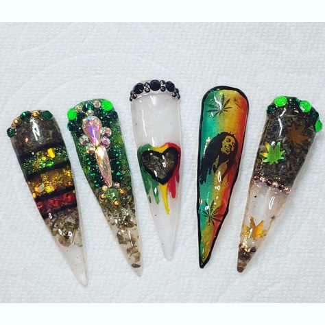 Bob Marley Nails, Trippy Nails, Travel Nails, Rasta Nails, Primitive Wood Signs, Clear Acrylic Nails, Queen Nails, Summer Jam, Design Nails