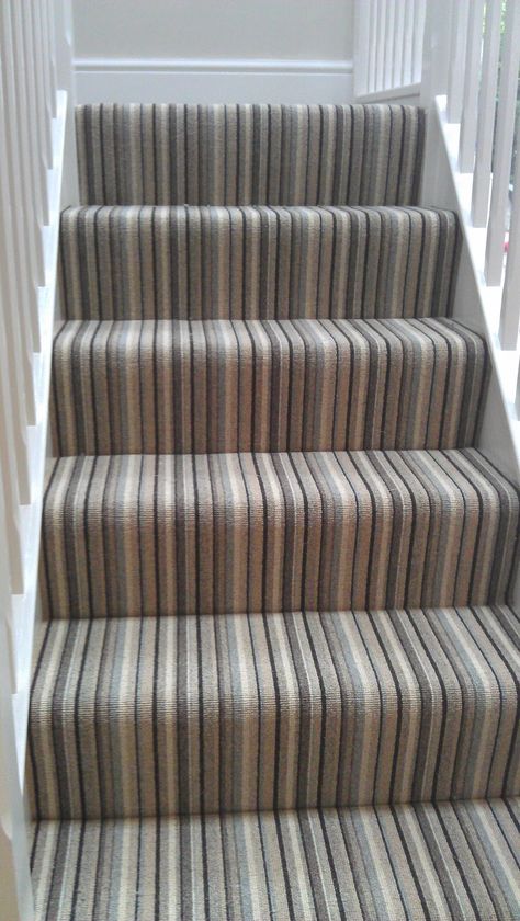 Stripe Stair Carpet - not sure how it would work on the turn in ours stairs .... a "maybe" Grey Carpet Hallway, Stairway Carpet, Carpeted Stairs, Stairs Carpet, Carpet Staircase, Stairs Landing, Stair Makeover, Striped Carpets, Stairs Makeover