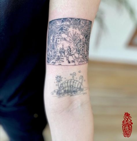 Austrian Culture, Tatuaje Studio Ghibli, Scenery Tattoo, Scene Tattoo, Inner Forearm Tattoo, Ghibli Tattoo, Bike Tattoos, Inner Forearm, Dainty Tattoos