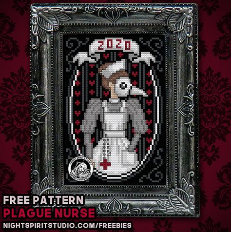 Creepy Embroidery Ideas, Modern Cross Stitch Patterns Free Charts, Gothic Cross Stitch Patterns, Scary Stitch, Free Halloween Cross Stitch Patterns, Plague Nurse, Gothic Cross Stitch, Freebies Pattern, Free Cross Stitch Patterns