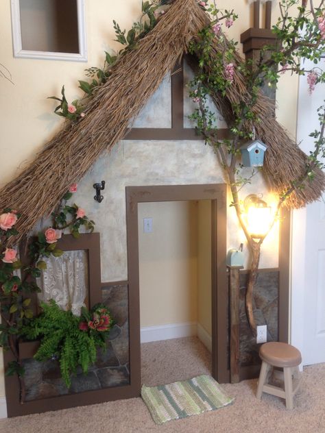 Tree In Playroom, Fairy Cottage Playhouse, Fairy Garden Playroom, Fairy Themed Playroom, Fairytale House Decor, Enchanted Forest Playroom, Fairytale Playroom, Playhouse Backyard, Lavender Girls Room