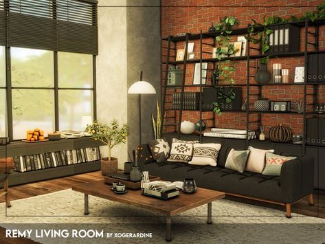 The Sims Resource - Remy Living Room (TSR only CC) Sims 4 Modern Living Room Cc, Sims 4 Cc Furniture Industrial, Aesthetic Sims Living Room, The Sims 4 Living Room Ideas, Ts4 Living Room Cc, The Sims 4 Living Room Cc, Sims 4 Cc Build Mode Living Room, Sims 4 Industrial Cc, Sims Cc Living Room