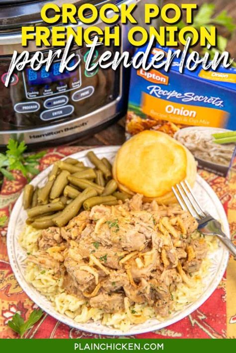 French Onion Pork Tenderloin, Pork Tenderloin Crock Pot Recipes, French Onion Meatloaf, Crockpot Pork Tenderloin, Cooking Pork Tenderloin, Slow Cooker Pork Tenderloin, Slow Cooker Spaghetti, Best Mashed Potatoes, Lipton Onion Soup Mix