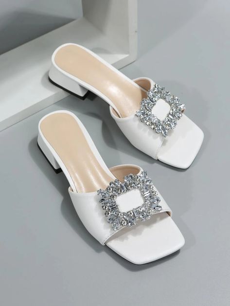 2024 Summer New Rhinestone Square Buckle Women's High-Heel Slippers, Women's Chunky Heel Slide, Women's Fashionable Slippers | SHEIN EUQS Sandals Heels Wedding, Sandals Shein, Sana Javed, Fancy Sandals, Classy Heels, Fashion Terms, Ladies Footwear, Heels Wedding, Glamorous Party