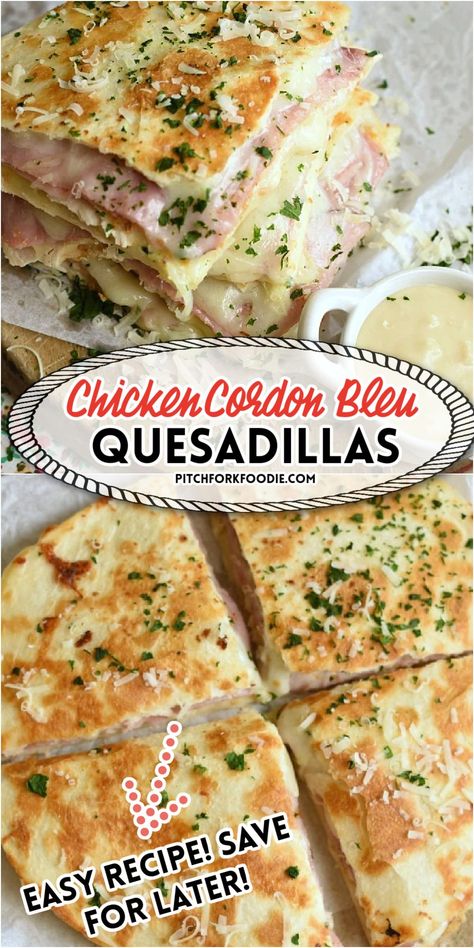 chicken cordon bleu quesadilla Chicken Ham And Cheese, Savory Ham, Dinner Recipes Chicken, Chicken Ham, Seasoned Veggies, Chicken Cordon, Chicken Cordon Bleu, Grilling Chicken Breast, Favorite Appetizers