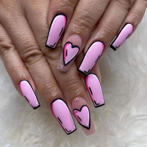 Bright Pink Nails With Hearts, Candy Heart Nail Art, Candy Heart Nails, Art Nail Ideas, Nail Art Idea, Bright Pink Nails, Pop Art Nails, Neon Glitter, Heart Nail Designs