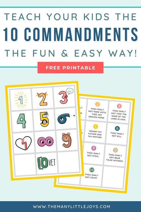 How to teach the Ten Commandments to kids with a fun & simple game! - The Many Little Joys Ten Commandments Activities, Ten Commandments Kids, Ten Commandments Craft, 10 Commandments Craft, Kids Church Lessons, Lds Primary Lessons, Children's Church Crafts, The Ten Commandments, Primary Lessons