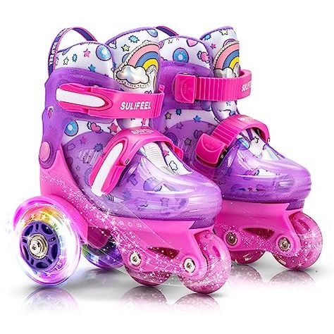 SULIFEEL Adjustable Roller Skates for Girls Boys Kids,Fun Illuminating Light Up Flash Wheels Three-Point Type Balance Suitable for Beginners Indoor Roller Skating Purple & Pink Size Small Indoor Roller Skating, Light Up Roller Skates, Skate Ramps, Roller Skate Wheels, Kids Roller Skates, Kids Skates, Skateboard Wheels, High Top Boots, Skater Boy