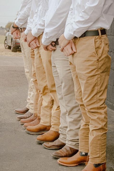 Khakis Wedding Outfit Men, Tan Pants Wedding Outfit Men, White Shirt Khaki Pants Men Wedding, Groom In Khaki Pants, Casual Groomsmen Attire Khakis, Groomsmen Outfits With Jeans, Groomsmen In Khaki Pants, Khaki Pants Wedding Groomsmen, Groom Khaki Pants White Shirt