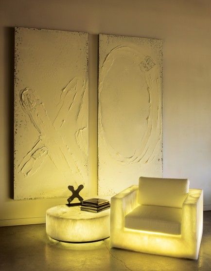 NUVO Magazine: The Sculptural Approach Of Martha Sturdy, Illuminated Preston Club Chair and Floating Round Table with two Resin on Steel Wall Sculptures. www.sturdyliving.com Unusual Chairs, Martha Sturdy, Wearable Sculpture, Floating Table, Design Sculpture, Steel Furniture, Club Chair, Sculpture Installation, Steel Wall