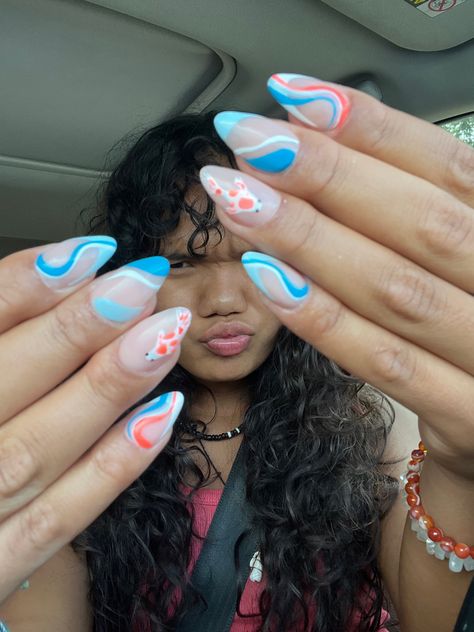 Cute Waterpark Nails, Fish Themed Nails, Fish Acrylic Nails, Coy Fish Nails, Fish Nail Designs, Fish Nails Art, Blue Spring Nail Ideas, Blue Themed Nails, Fish Nails Designs