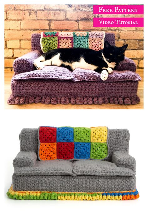 Kitty Couch, Comfy Crochet, Cat Projects, Diy Crochet Gifts, Diy Cat Bed, Cat Sofa, Crochet Cat Bed, Cat Couch, Hello Kitty Crochet