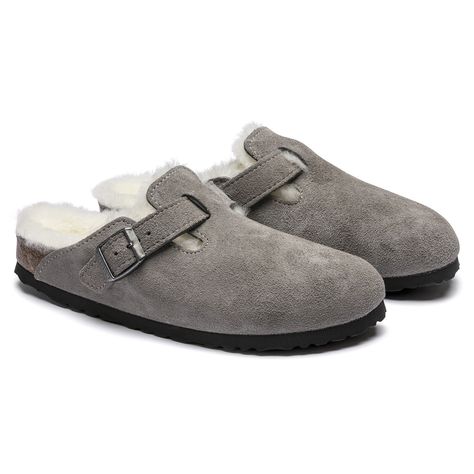 Boston Shearling Suede Leather Stone Coin | BIRKENSTOCK Boston Shearling, Birkenstock Boston Shearling, Cow Hide Shoes, Boston Clogs, Suede Clogs, Birkenstock Women, Leather Decor, Birkenstock Boston, Birkenstock Boston Clog