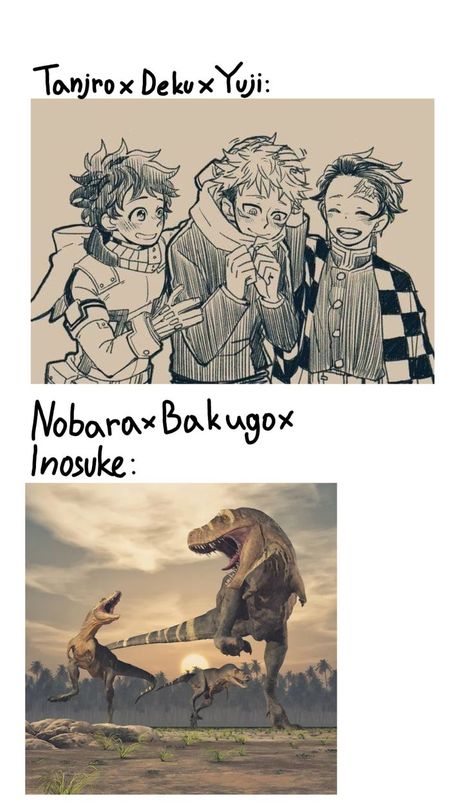 Bakugo And Inosuke, Tanjiro And Deku, Inosuke Funny Moments, Jujutsu Kaisen Crossover, Yuji X Nobara, Yuji And Nobara, Tanjiro And Inosuke, Tanjiro X Inosuke, Deku Art