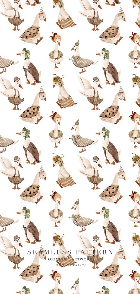 Seamless Pattern with watercolor Vintage goose. White background. Hand-painted with love Goose Background, Fall Duck Wallpaper, Vintage Seamless Pattern, Vintage Farm Illustration, Goose Themed 1st Birthday, Goose Wallpaper, Goose Themed Nursery, Goose Pattern, Mother Goose Nursery