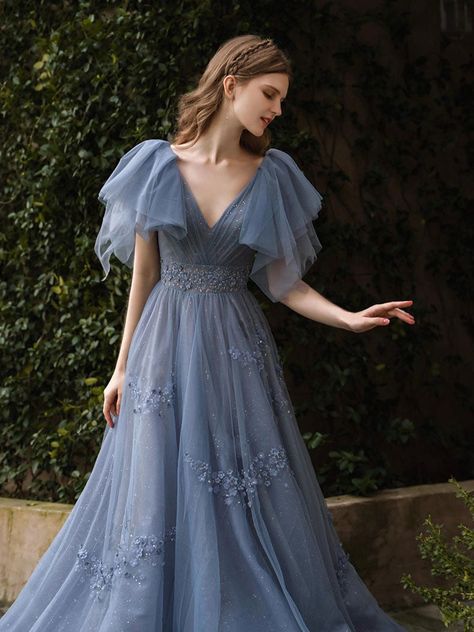 Prom Dress Blue, Tulle Long Prom Dress, Formal Dresses Graduation, A Line Evening Dress, Blue Dress Formal, Blue Tulle, Evening Dress Fashion, Formal Party Dress, Blue V