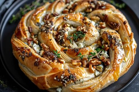 Blue Cheese, Walnut, and Thyme Pull Apart Puff Pastry Twirl - cookefast.com Blue Cheese Walnut Thyme Pull Apart, Puff Pastry Pull Apart Recipes, Pull Apart Puff Pastry, Pull Apart Recipes, Puff Pastry Recipes Savory, Pastry Dishes, Puff Pastry Appetizers, Cheese Puff Pastry, Brunch Spread