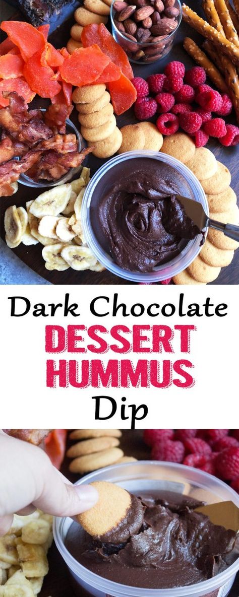 Dessert Hummus Board, Hummus Chocolate, Dessert Hummus Healthy, Sweet Hummus, Dark Chocolate Hummus, Dessert Hummus Recipe, Fun Appetizers, Dark Chocolate Desserts, Chocolate Hummus