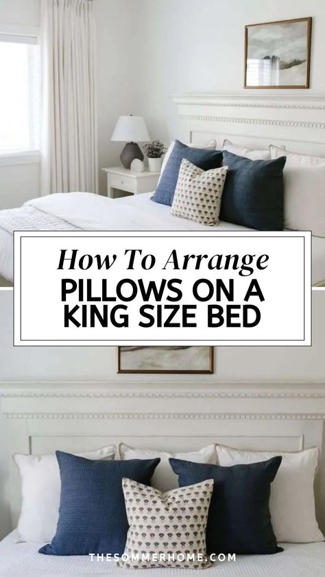 Learn how to beautifully Arrange Bed Pillows on a king size bed with our detailed guide. We provide Beds With Pillows Ideas to inspire your decor, plus tips on What Size Throw Pillows For King Bed to ensure everything looks perfectly balanced and stylish. California King Pillow Arrangement, Bedroom Pillows Arrangement, Throw Pillow Arrangement, Bed Pillow Arrangement, Euro Pillows, Bedroom Design Inspiration, King Size Pillows, California King Bedding, Bedroom Pillows