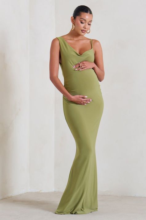 Phantasy | Olive Green Maternity Cowl Neck Maxi Dress -  #Cowl #Dress #Green #Maternity #maxi #Neck #Olive #Phantasy Olive Green Formal Dress, Pregnant Wedding Guest, Pregnant Wedding Guest Outfits, Green Maternity Dresses, Baby Dress Embroidery, Dress For Pregnant Women, Cowl Neck Maxi Dress, Skirt Making, Maternity Bridesmaid Dresses