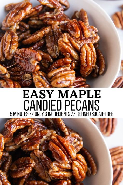 Easy candied pecans recipe made with a few basic ingredients in 5 minutes or less! Enjoy them as a little treat with just the right amount of sweetness, or chop them up and add them to salads or sprinkle them on top of baked goods. #PECANS Maple Candied Pecans, Easy Candied Pecans, Caramelized Pecans, Candied Pecans For Salad, Paleo Breakfasts, Candied Pecans Recipe, Maple Candy, Mood Food, Pecan Recipes