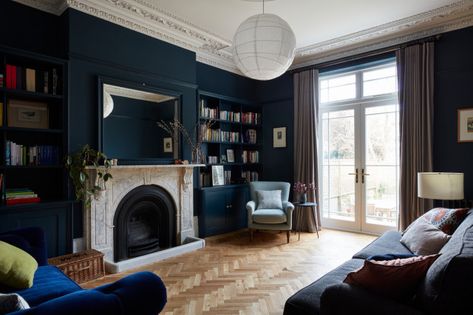 Imperfect Interiors, Modern Victorian Living Room, Living Room Victorian, Fireplace French, London Living Room, Hague Blue, Victorian Living Room, Mixing Patterns, Marble Fireplace