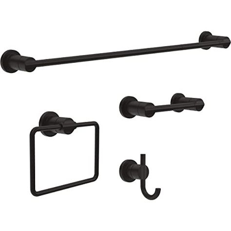 DELTA FAUCET NIC64-MB Nicoli 4-Piece Bath Hardware Set with 24-in Towel Bar, Toilet Paper Holder, Towel Ring, Towel Hook in Matte Black - Amazon.com Delta Nicoli, Matte Black Bathroom Accessories, Black Bathroom Hardware, Bar Toilet, Matte Black Bathroom, Black Bathroom Accessories, Hand Towel Holder, Bathroom Hardware Set, Bath Accessories Set